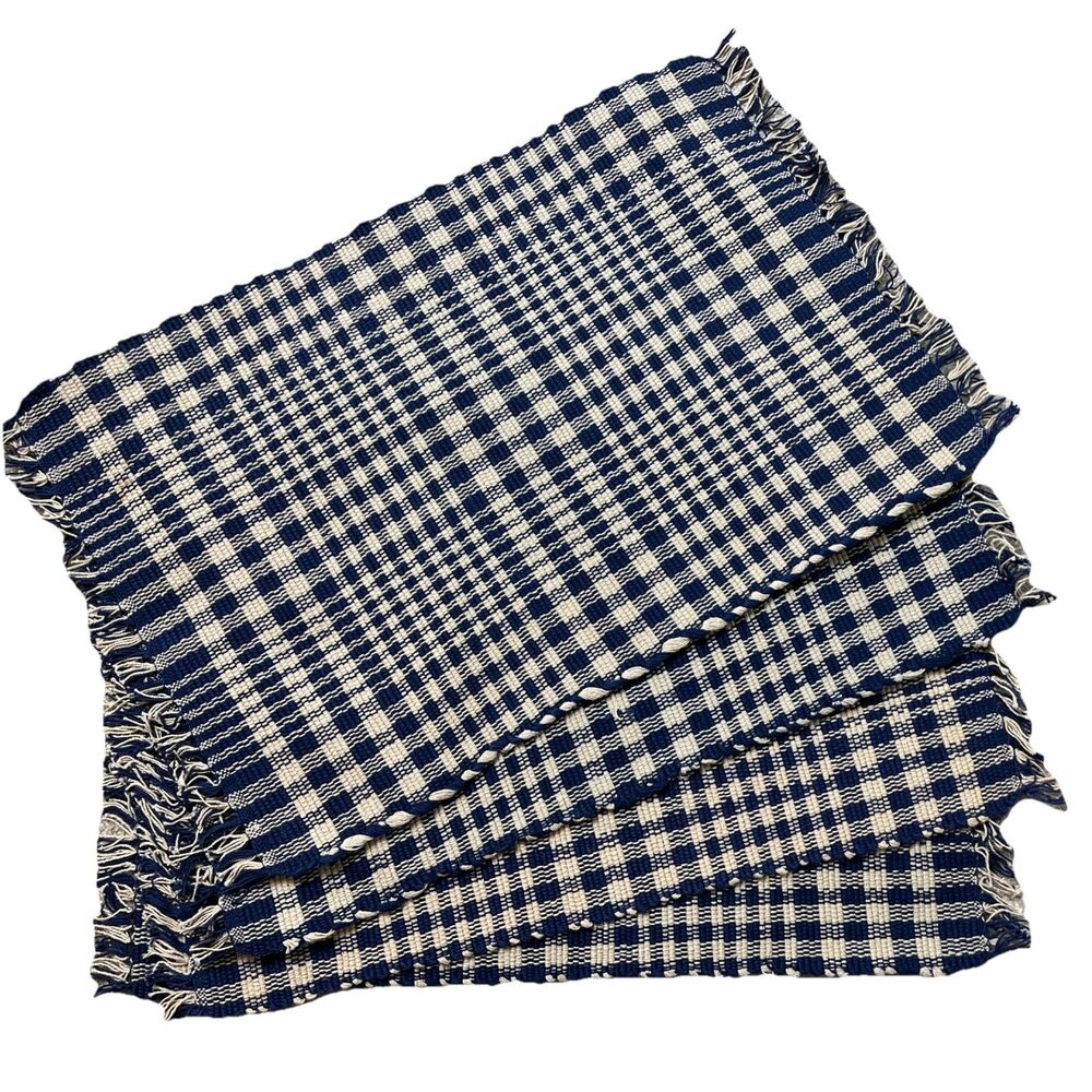 4 Primtive Artisan Inc. Blue Ivory Placemats Indigo Check Fringed Edge Farmhouse